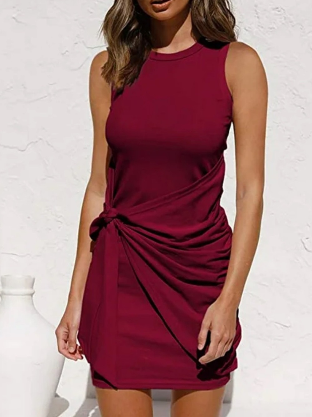 WOMENS SUMMER RUCHED TIE FRONT CASUAL BURGUNDY ROUND NECK SLEEVELESS DRESS MED